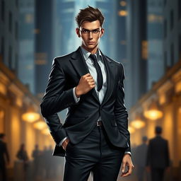A stylish character standing confidently in a sleek, tailored suit