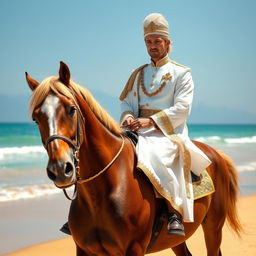 A handsome nobleman dressed in a traditional white ceremonial outfit, riding a beautiful horse along the picturesque beach in Canggu, Bali