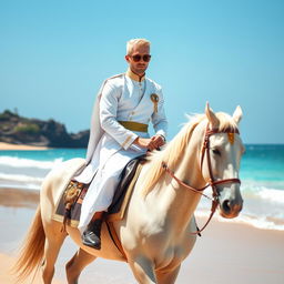 A handsome nobleman dressed in a traditional white ceremonial outfit, riding a beautiful horse along the picturesque beach in Canggu, Bali