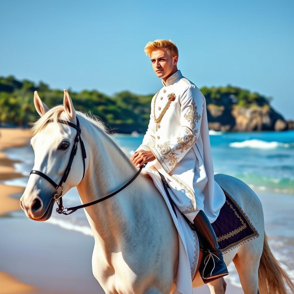 A handsome nobleman dressed in a traditional white ceremonial outfit, riding a beautiful horse along the picturesque beach in Canggu, Bali