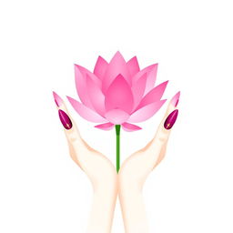A minimalist illustration featuring two elegant hands holding a vibrant pink lotus flower