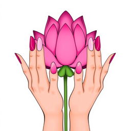 A minimalist illustration featuring two elegant hands holding a vibrant pink lotus flower