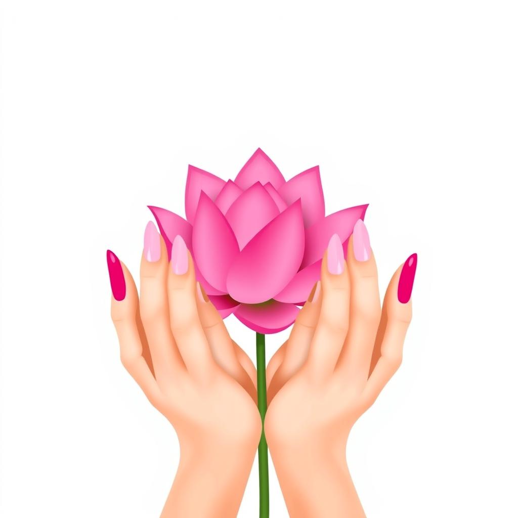 A minimalist illustration featuring two elegant hands holding a vibrant pink lotus flower