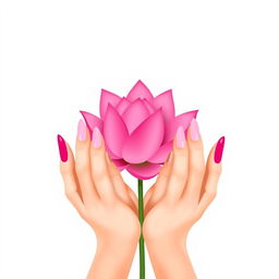 A minimalist illustration featuring two elegant hands holding a vibrant pink lotus flower