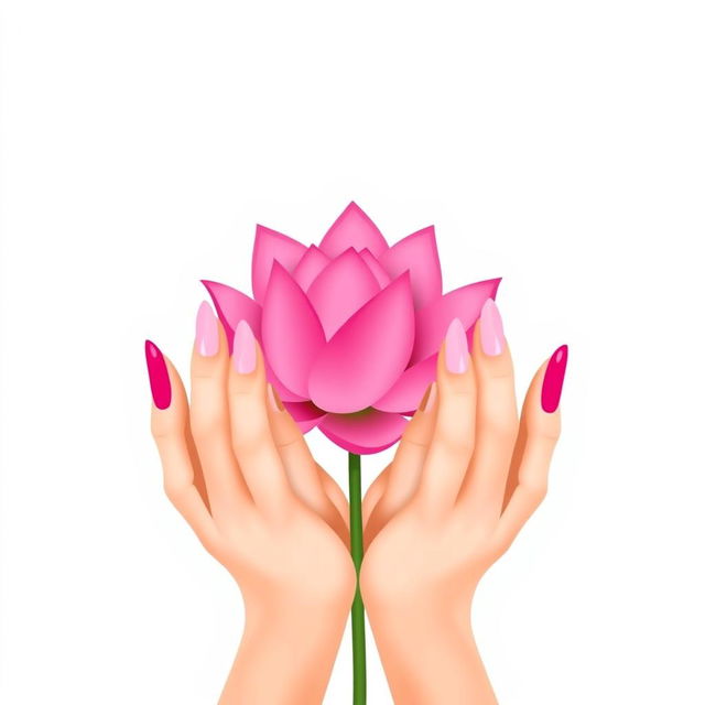 A minimalist illustration featuring two elegant hands holding a vibrant pink lotus flower