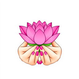A minimalist vector illustration of two beautifully stylized hands holding a vibrant pink lotus flower