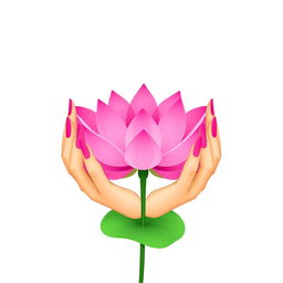 A minimalist vector illustration of two beautifully stylized hands holding a vibrant pink lotus flower