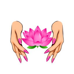 A minimalist vector illustration of two beautifully stylized hands holding a vibrant pink lotus flower