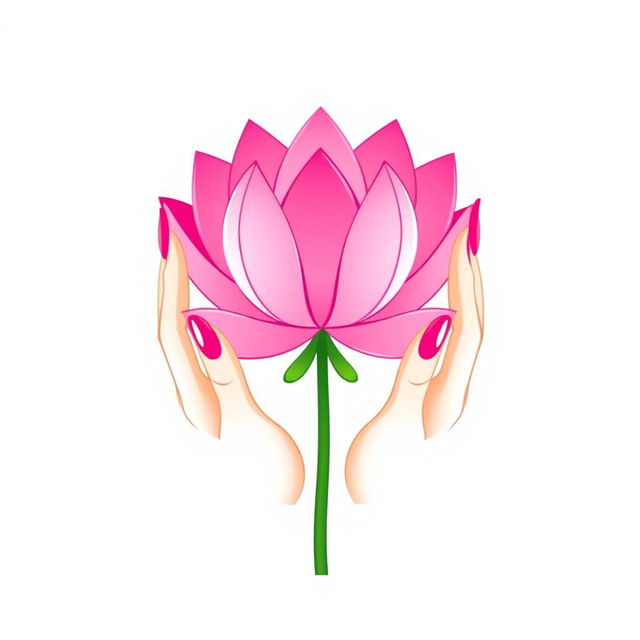 A minimalist vector illustration of two beautifully stylized hands holding a vibrant pink lotus flower