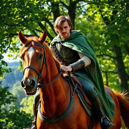 A stunning portrayal of Robin Hood, elegantly dressed in richly detailed medieval attire, riding a majestic horse through a lush forest