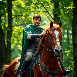 A stunning portrayal of Robin Hood, elegantly dressed in richly detailed medieval attire, riding a majestic horse through a lush forest
