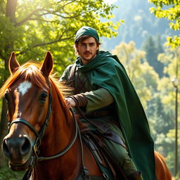 A stunning portrayal of Robin Hood, elegantly dressed in richly detailed medieval attire, riding a majestic horse through a lush forest