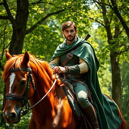 A stunning portrayal of Robin Hood, elegantly dressed in richly detailed medieval attire, riding a majestic horse through a lush forest