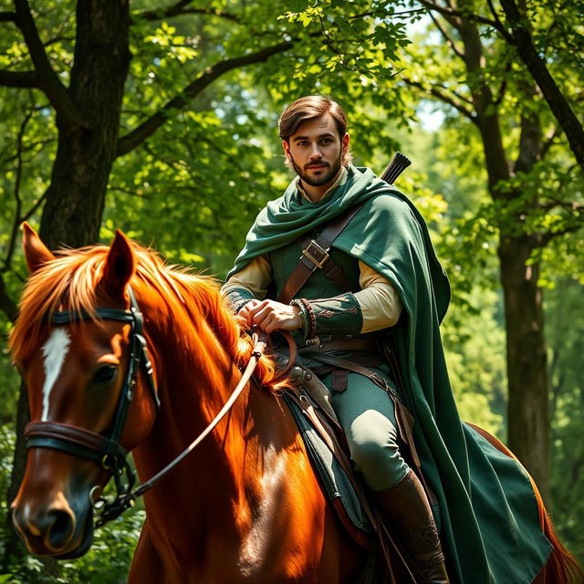 A stunning portrayal of Robin Hood, elegantly dressed in richly detailed medieval attire, riding a majestic horse through a lush forest