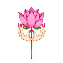 A minimalist illustration featuring two elegant hands gently holding a vibrant pink lotus flower