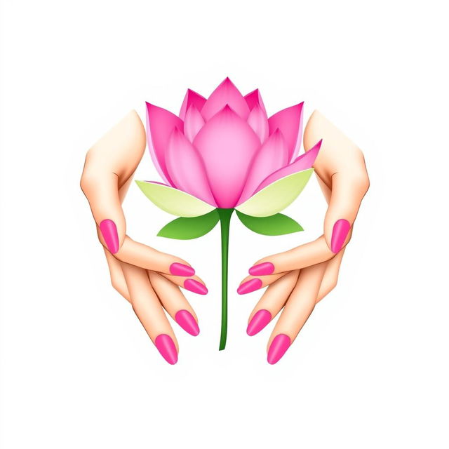 A minimalist illustration featuring two elegant hands gently holding a vibrant pink lotus flower