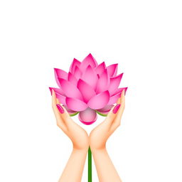 A minimalist illustration featuring two elegant hands gently holding a vibrant pink lotus flower