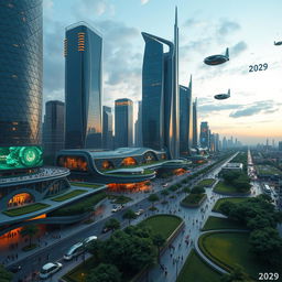 A futuristic cityscape of Iran in the year 2029, featuring advanced architecture blending modern and traditional Persian elements, green spaces with lush gardens, vibrant streets filled with people, and innovative transportation such as electric vehicles and hovercrafts