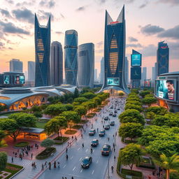 A futuristic cityscape of Iran in the year 2029, featuring advanced architecture blending modern and traditional Persian elements, green spaces with lush gardens, vibrant streets filled with people, and innovative transportation such as electric vehicles and hovercrafts