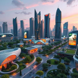 A futuristic cityscape of Iran in the year 2029, featuring advanced architecture blending modern and traditional Persian elements, green spaces with lush gardens, vibrant streets filled with people, and innovative transportation such as electric vehicles and hovercrafts