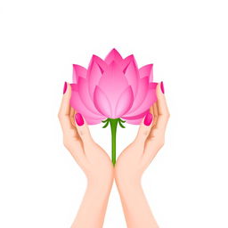 A minimalist illustration featuring two elegant hands gently holding a vibrant pink lotus flower