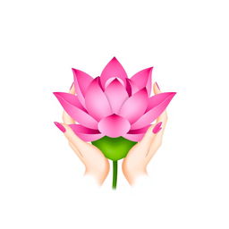 A minimalist illustration featuring two elegant hands gently holding a vibrant pink lotus flower