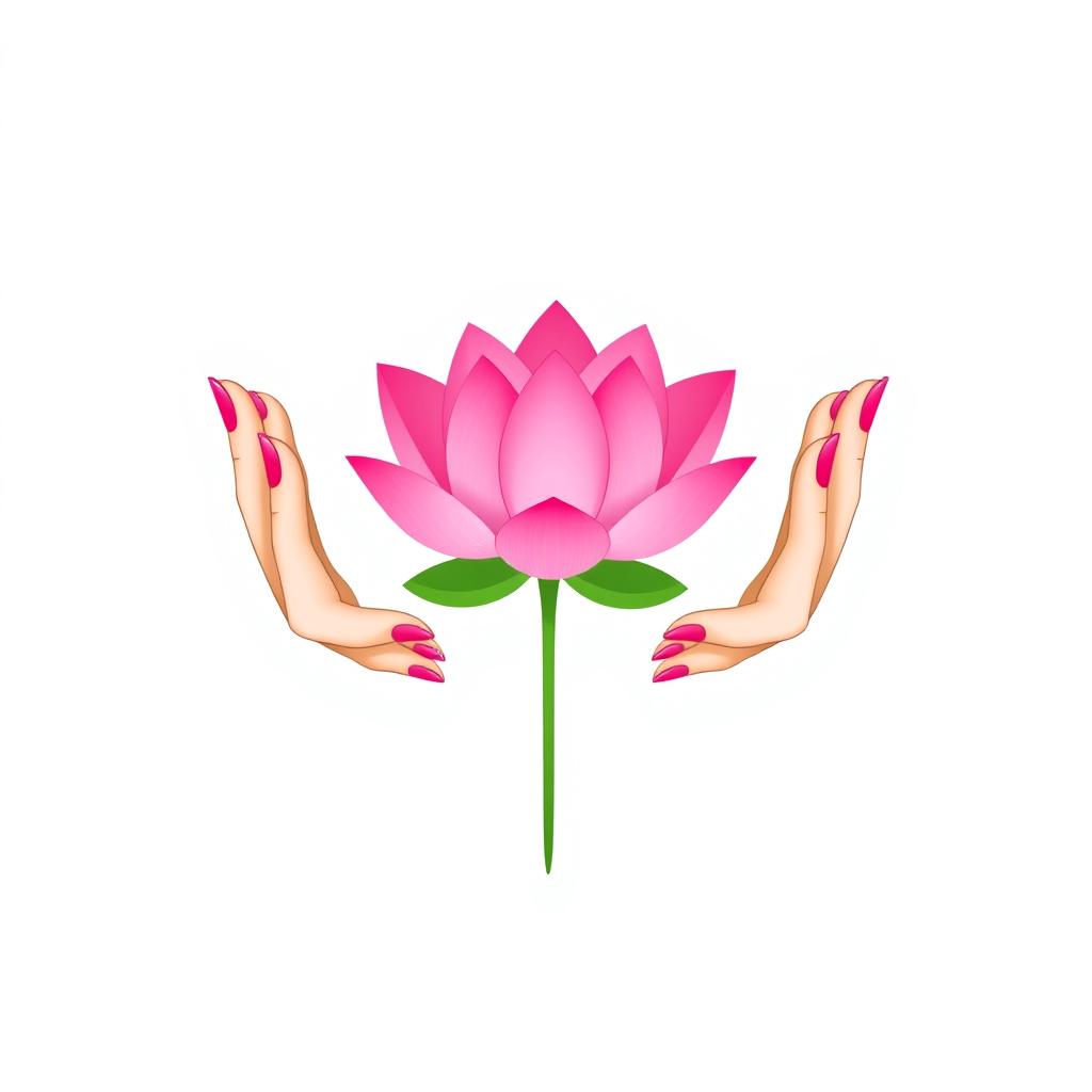 A minimalist illustration featuring two elegant hands gently holding a vibrant pink lotus flower