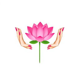 A minimalist illustration featuring two elegant hands gently holding a vibrant pink lotus flower