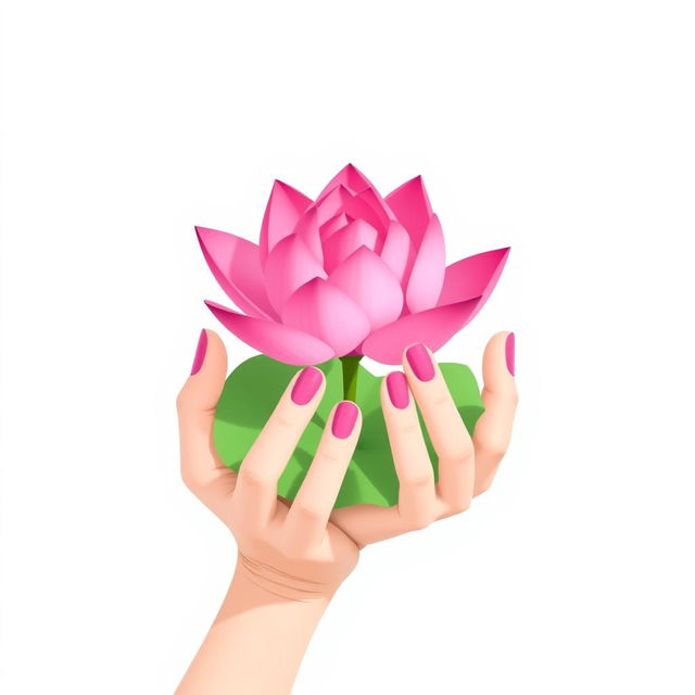 A minimalist illustration featuring two elegant hands gently holding a vibrant pink lotus flower