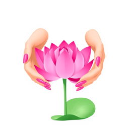 A minimalist vector illustration of two elegant hands gently holding a vibrant pink lotus flower