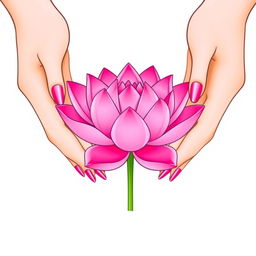 A minimalist vector illustration of two elegant hands gently holding a vibrant pink lotus flower