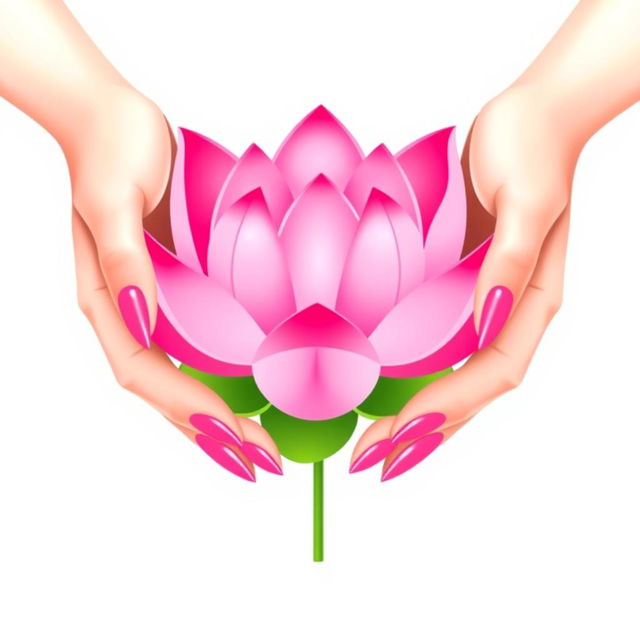 A minimalist vector illustration of two elegant hands gently holding a vibrant pink lotus flower