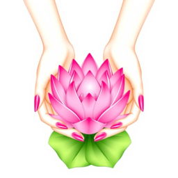 A minimalist vector illustration of two elegant hands gently holding a vibrant pink lotus flower