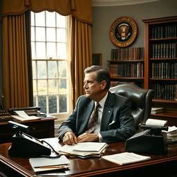 A detailed and historical portrait of President Richard Nixon, featured sitting at his Oval Office desk surrounded by iconic items from his presidency