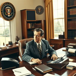 A detailed and historical portrait of President Richard Nixon, featured sitting at his Oval Office desk surrounded by iconic items from his presidency