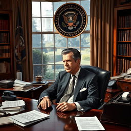 A detailed and historical portrait of President Richard Nixon, featured sitting at his Oval Office desk surrounded by iconic items from his presidency
