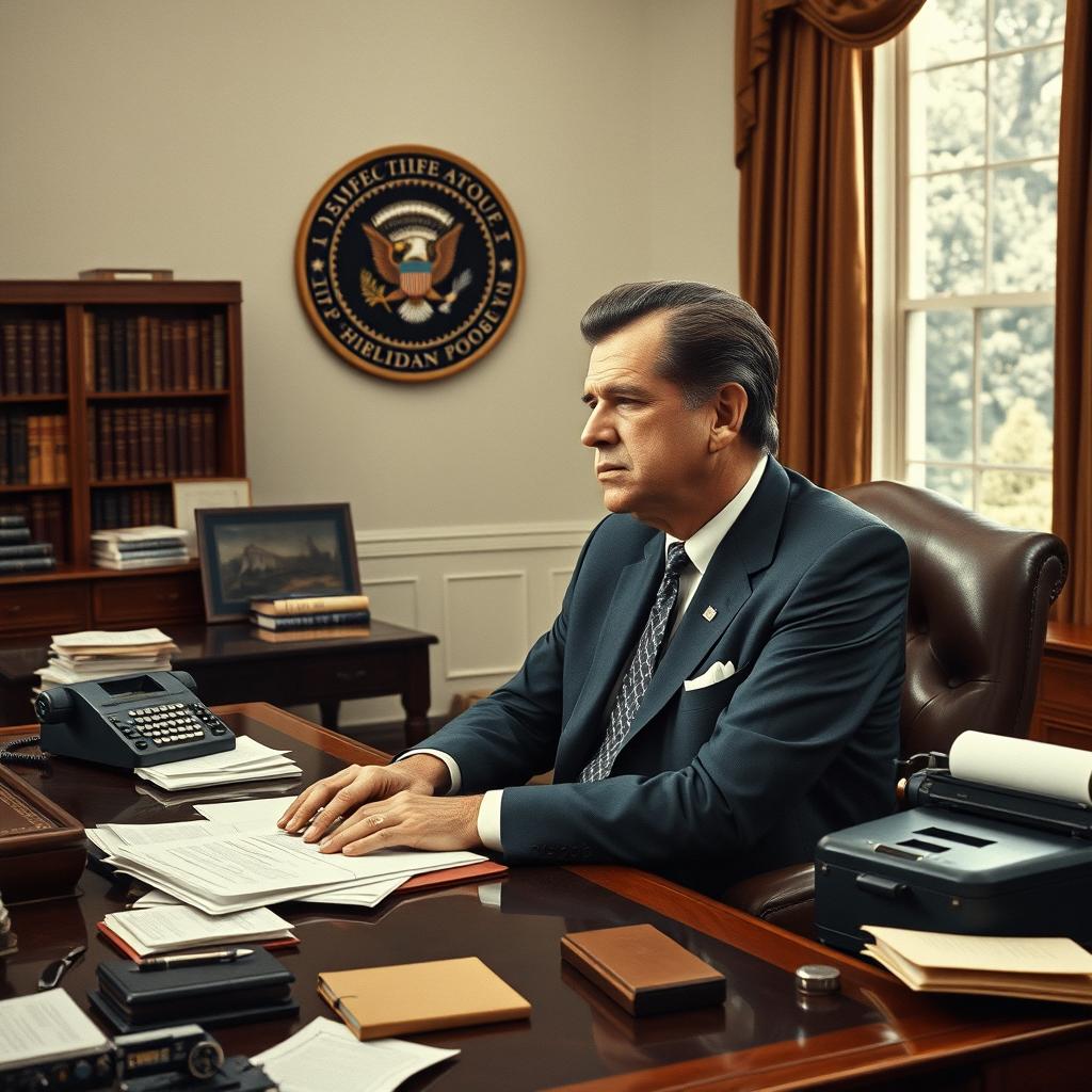 A detailed and historical portrait of President Richard Nixon, featured sitting at his Oval Office desk surrounded by iconic items from his presidency