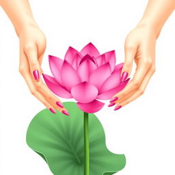 A minimalist illustration featuring two elegant hands gently holding a vibrant pink lotus flower, inspired by the provided example image