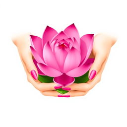 A minimalist illustration featuring two elegant hands gently holding a vibrant pink lotus flower, inspired by the provided example image