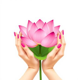 A minimalist illustration featuring two elegant hands gently holding a vibrant pink lotus flower, inspired by the provided example image