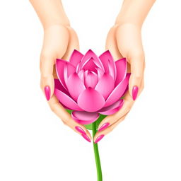 A minimalist illustration featuring two elegant hands gently holding a vibrant pink lotus flower, inspired by the provided example image