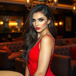 A stunningly beautiful woman posing in a sultry manner, wearing a form-fitting red dress that accentuates her curves