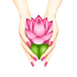 A refined minimalist illustration featuring two elegant hands gently cradling a vibrant pink lotus flower, exactly resembling the provided example image