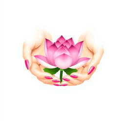 A refined minimalist illustration featuring two elegant hands gently cradling a vibrant pink lotus flower, exactly resembling the provided example image