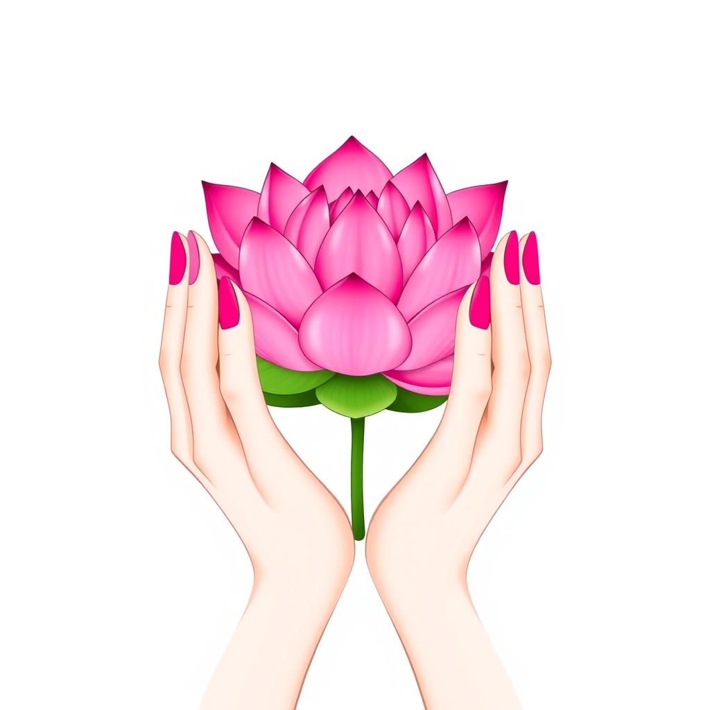 A refined minimalist illustration featuring two elegant hands gently cradling a vibrant pink lotus flower, exactly resembling the provided example image