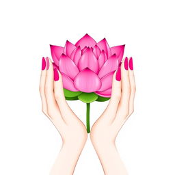 A refined minimalist illustration featuring two elegant hands gently cradling a vibrant pink lotus flower, exactly resembling the provided example image