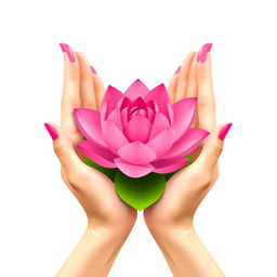 A refined minimalist illustration featuring two elegant hands gently cradling a vibrant pink lotus flower, exactly resembling the provided example image