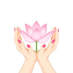 A minimalist vector illustration featuring two delicate hands gently cradling a simple and elegant pink lotus flower