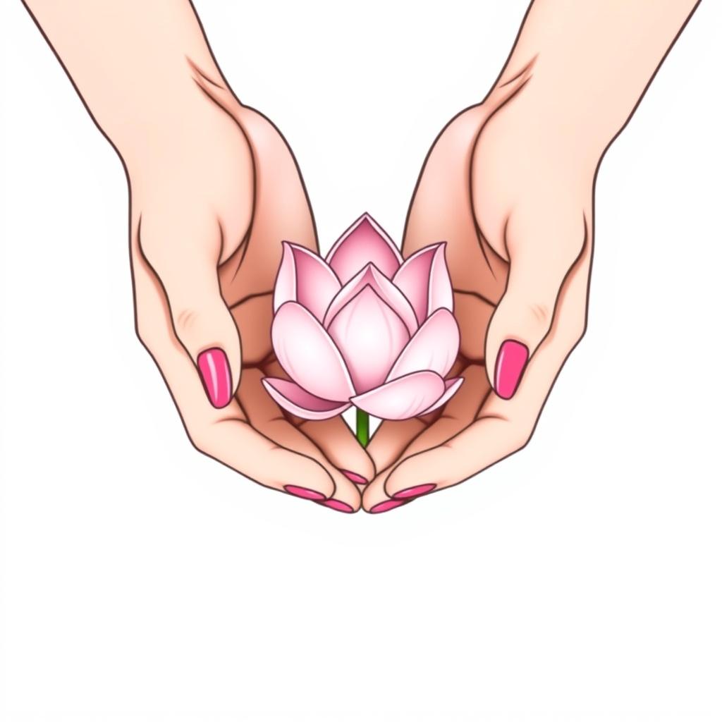 A minimalist vector illustration featuring two delicate hands gently cradling a simple and elegant pink lotus flower