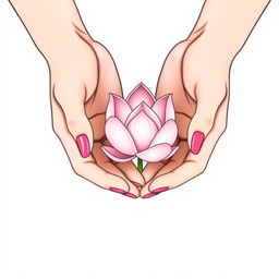 A minimalist vector illustration featuring two delicate hands gently cradling a simple and elegant pink lotus flower